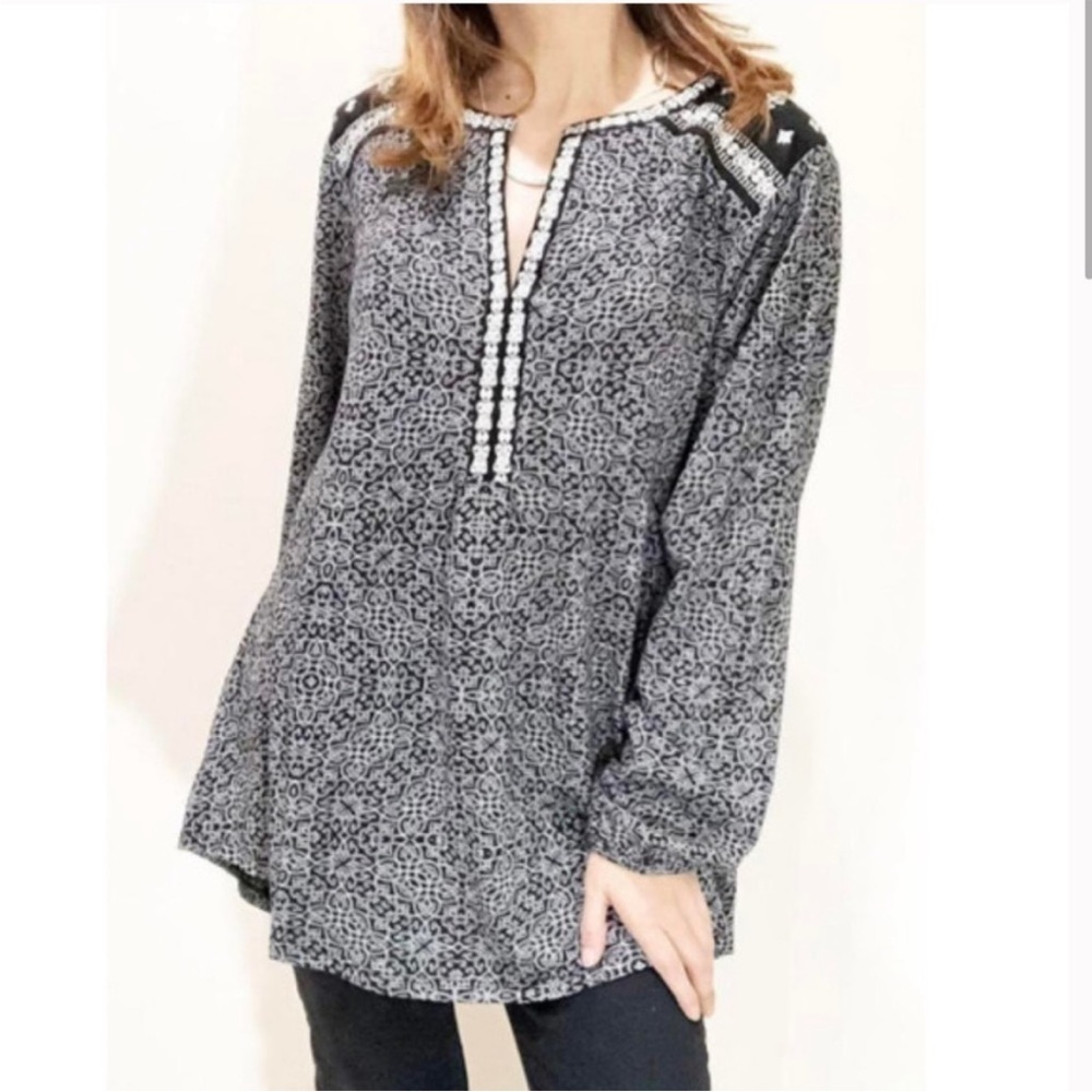 Lucky Brand Embroidered Long Sleeve Tunic Blouse Top